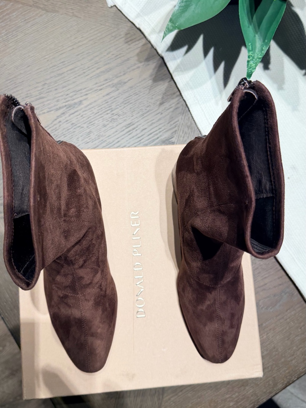 Donald J. Pliner-Brown Suede Ankle Boots with Textured Block Heel